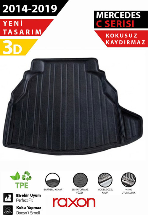 Mercedes W205 2014–2019 Plastic Set Uyumlu 3D Bagaj Havuzu | Su Geçirmez, Kaymaz, Yüksek Kenarlı