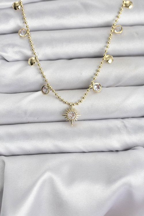 Zirkon Taşlı Kutup Yıldızı Model Pirinç Gold Renk Kadın Kolye - TJ-BKO10648
