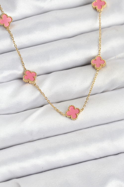 316L Çelik Zincir Gold Renk Pembe Baby Boy Yonca Kadın Kolye - TJ-BKO10572
