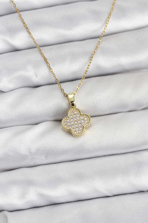 316L Çelik Zincir Gold Renk Zirkon Taşlı Yonca Model Kadın Kolye - TJ-BKO10771