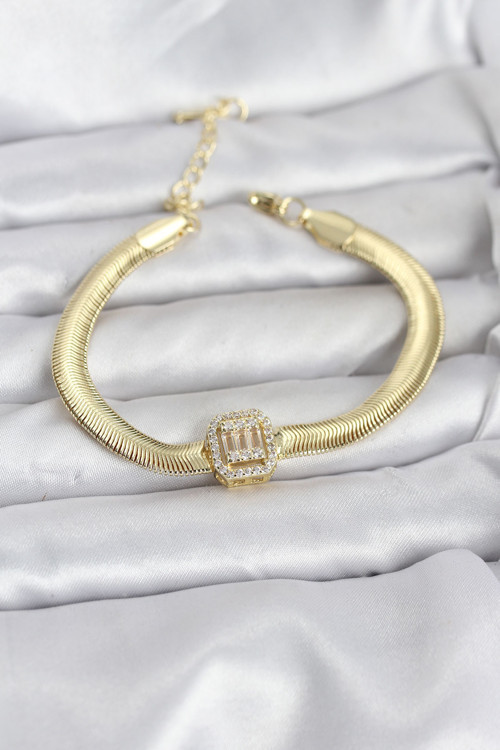 316L Çelik Gold Renk Baget Zirkon Taşlı Yılan Zincirli Kadın Bileklik - TJ-BB8154