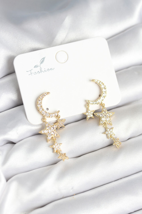 Ay ve Yıldız Model Gold Renk Pirinç Kadın Küpe - TJ-BKP11295