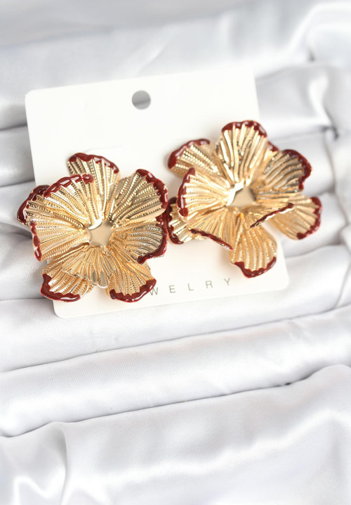 Pirinç Gold Renk Bordo Renk Detaylı Lotus Kadın Küpe - TJ-BKP11366