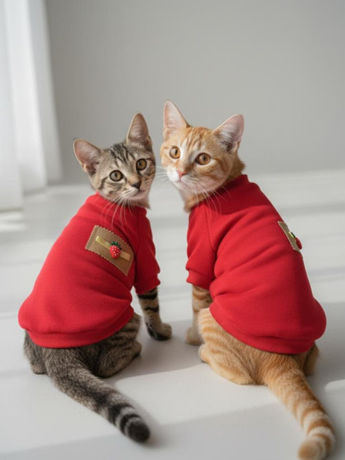 Sevimli Çilek Detaylı Kırmızı Kedi Polar Sweatshirt