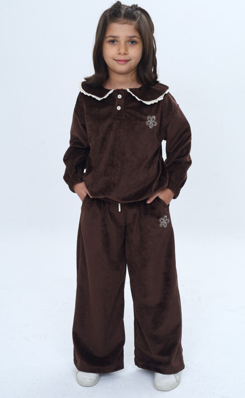 Toontoy Kız Çocuk 2'li Takım Yakası Güpürlü Nakışlı Sweatshirt & Beli Lastikli Bol Paça Eşofman Altı - Düğüme Detaylı & Kadife