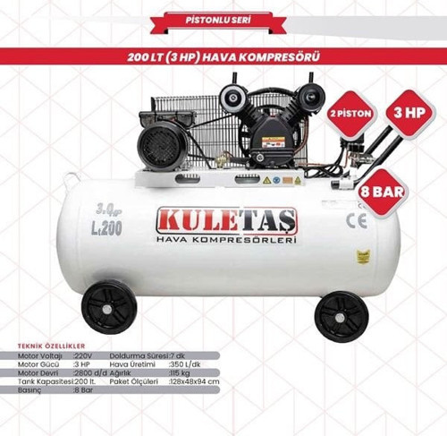 200 Litre Hava Kompresörü 3 Hp Çift Pistonlu HM-V-0,16