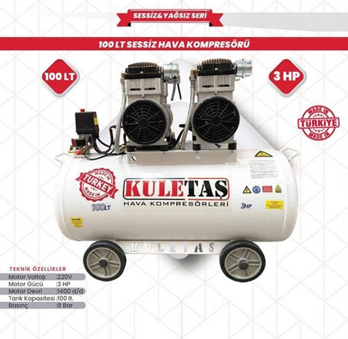 Hava Kompresörü Yağsız Sessiz 100 Litre Çift Motorlu