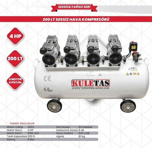 Hava Kompresörü Yağsız Sessiz 200 Litre Dört Motorlu 4 Hp