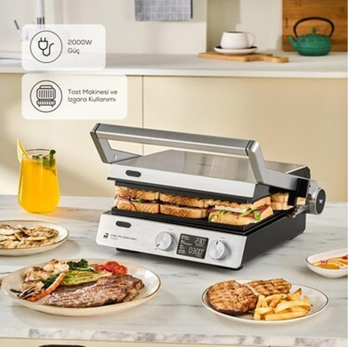 Premium Döküm Izgara ve Tost Makinesi | 3 In 1 Çok Amaçlı Kullanım | LCD Ekran | Sesli Uyarı | Onerous Mutfak Tartısı Hediye