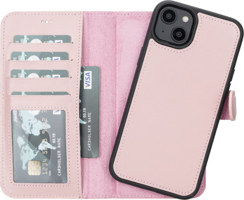 Apple iPhone 14 Plus Uyumlu Deri Cüzdanlı Kılıf MWWN NU2 Pembe