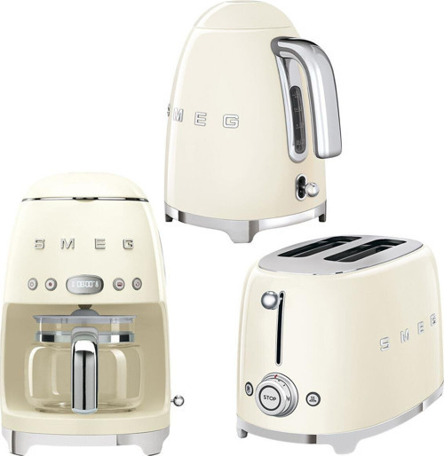 50's Style Krem Kettle - 1x2 Ekmek Kızartma Makinesi Ve Filtre Kahve Makine Seti