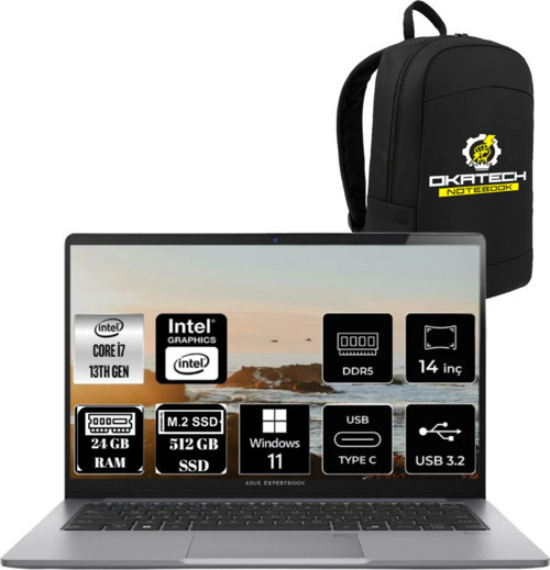 EXPERTBOOK P1 INTEL CORE İ7 13620H 24GB 512GB SSD 14" FHD W11PRO DİZÜSTÜ BİLGİSAYAR & OKATECH ÇANTA