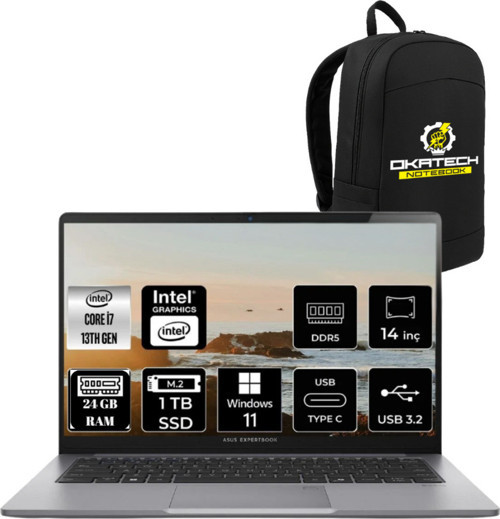 EXPERTBOOK P1 INTELCORE İ7 13620H 24GB 1 TB SSD 14"FHD WIN11PRO DİZÜSTÜ BİLGİSAYAR & OKATECHÇANTA