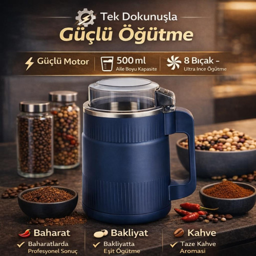 Paslanmaz Çelik 8 Bıçaklı 500ml Baharat ve Kahve Öğütücü Kahve Değirmeni Bakliyat Öğütücü