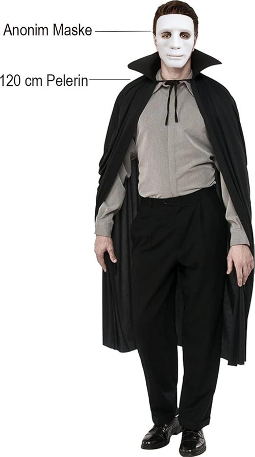 Siyah Renk Yakalı 120 Cm Pelerin Ve Beyaz Anonim Maske