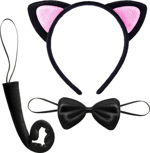 Kedi Kulak Taç Kuyruk ve Papyon 3 lü Set Çocuk Boy Pembe Renk