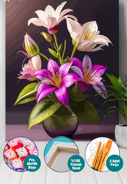 Sayılarla Boyama Seti 40X50 Cm (Çıtalı) Fırça Boya Dahil Numaralı Tuval Yeşil Vazo Laleler