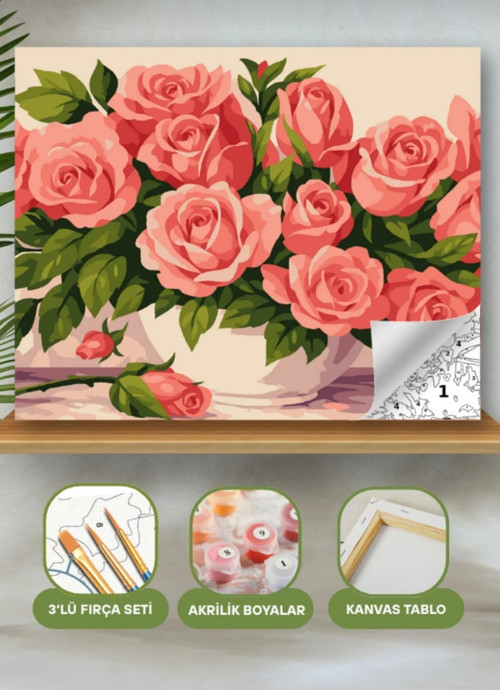 Sayılarla Boyama Seti 40X50 Cm (Çıtalı) Fırça Boya Dahil Numaralı Tuval Pembe Güller