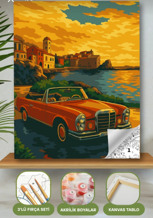 Sayılarla Boyama Seti 40X50 Cm (Çıtalı) Fırça Boya Dahil Numaralı Tuval Kırmızı Arabalı Manzara