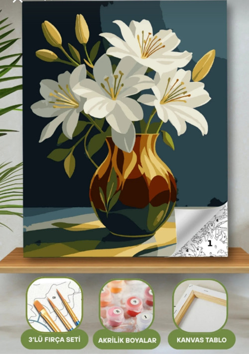 Sayılarla Boyama Seti 40X50 Cm (Çıtalı) Fırça Boya Dahil Numaralı Tuval Renkli Vazo Beyaz Çiçek