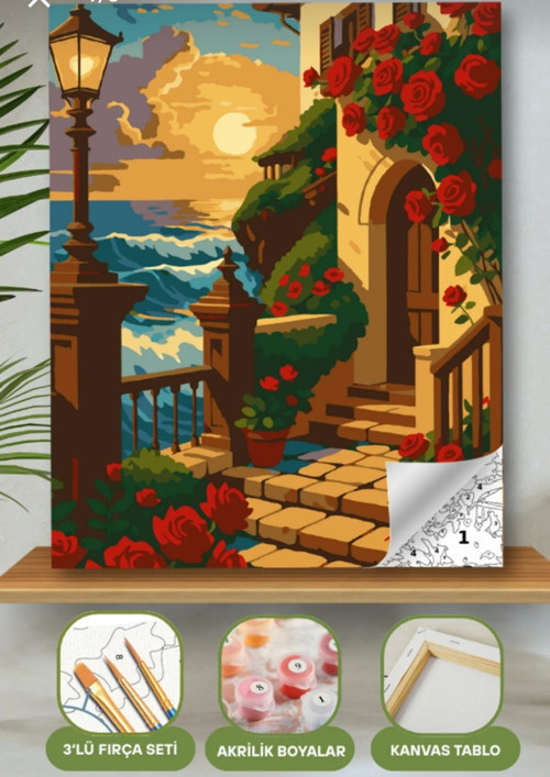 Sayılarla Boyama Seti 40X50 Cm (Çıtalı) Fırça Boya Dahil Numaralı Tuval Kırmızı Gül Bina Manzara