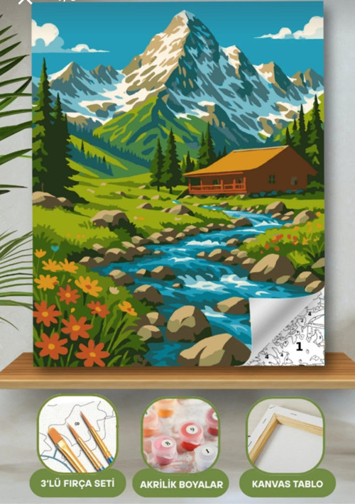 Sayılarla Boyama Seti 40X50 Cm (Çıtalı) Fırça Boya Dahil Numaralı Tuval Şelale Manzara