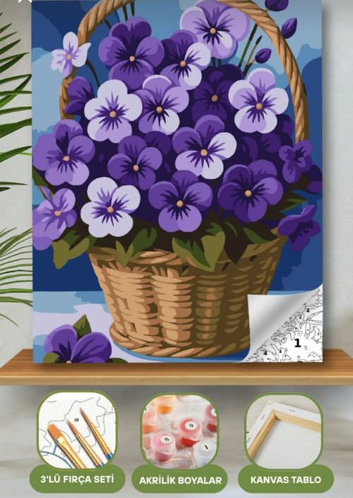 Sayılarla Boyama Seti 40X50 Cm (Çıtalı) Fırça Boya Dahil Numaralı Tuval Sepet Mor Çiçekler