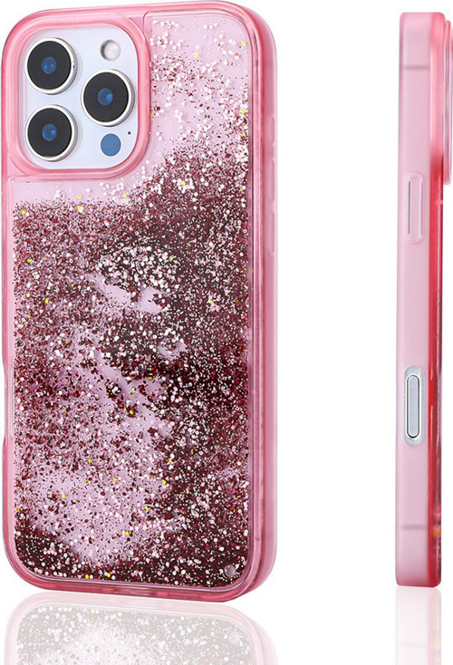 iPhone 15 Pro Max Kılıf Sıvılı Simli Şeffaf Arka Yüzey MSRA Keto Silikon Kapak - Pembe