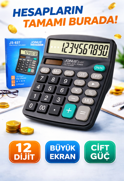 JOINUS JS-837 12 Haneli Büyük Ekran Hesap Makinesi – Çift Güçlü, Masaüstü