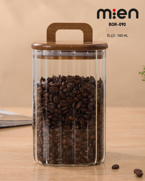 MİEN 1100 ml Kare Line Borosilikat Cam Kavanoz – Akasya Kapaklı