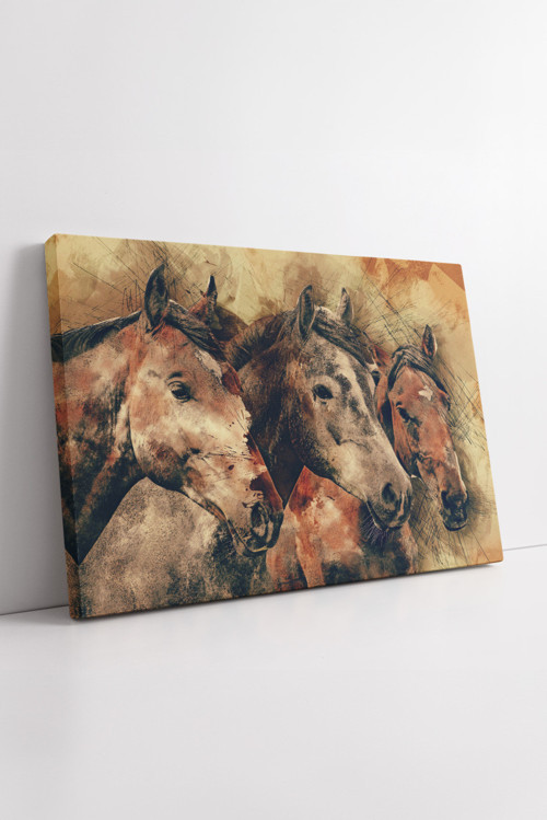 Üçlü At Portresi Kanvas Tablo Vintage Stilde Eskiz Dokulu Sanatsal Kompozisyon Modern Ev Dekoru