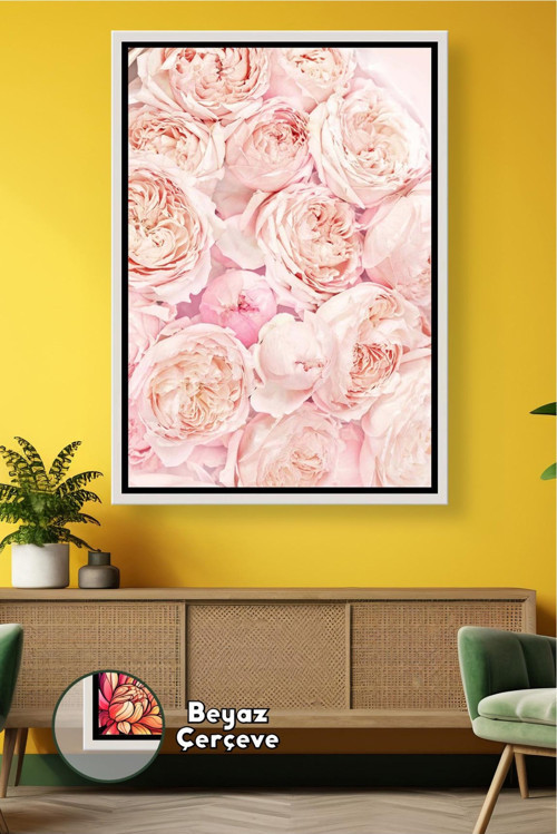 Pudra Pembe Gül Desenli Duvar Tablosu Yumuşak Tonlu Çiçekli Dekoratif Çerçeveli Kanvas Tablo