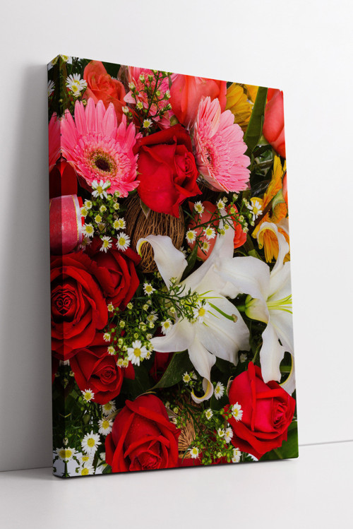 Kırmızı Gül Ve Zambak Aranjmanlı Canlı Çiçek Temalı Modern Dekoratif Kanvas Tablo