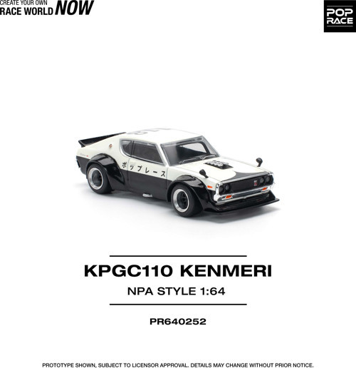 Pop Race 1:64 Nissan Skyline KPGC110 Kenmeri NPA Style Siyah Beyaz Diecast Model Araba