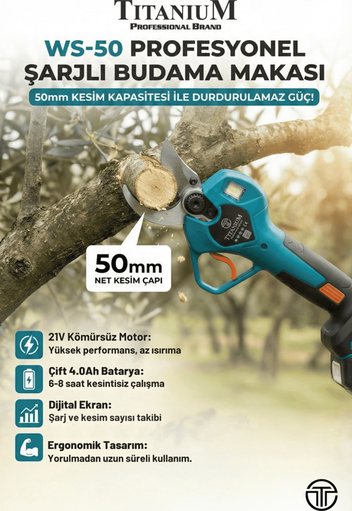 WS-50 Profesyonel Şarjlı Budama Makası 50mm 21V 4.0Ah Çift Bataryalı Set