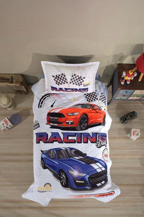 %100 Pamuk Dört Mevsim Set Tek Kişilik Racing Drag V1 Mavi