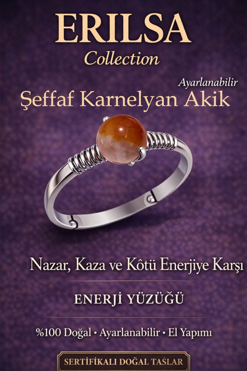 Sertifikalı Nazar Koruma Enerji Yüzüğü – Şeffaf Karnelyan Ayarlamalı İnce Kasa Akrep Koç Oğlak Burcu