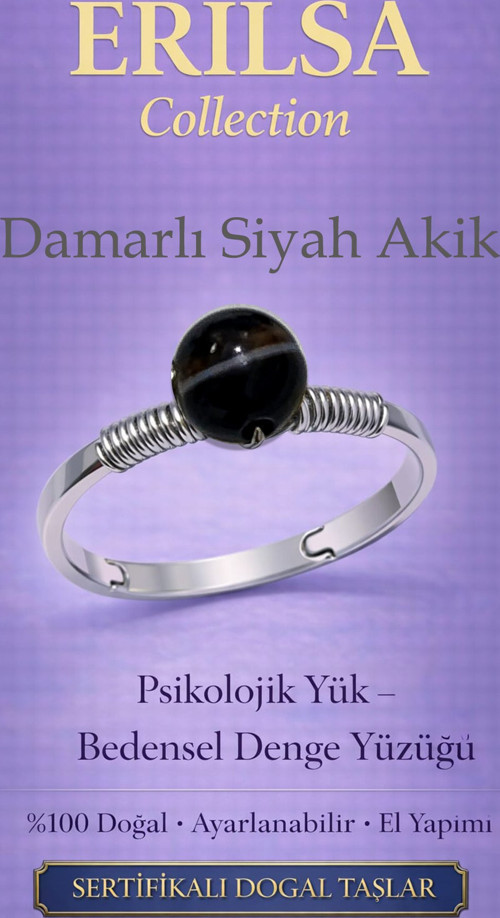 Sertifikalı Psikolojik Yük Bedensel Denge Yüzüğü - Damarlı Siyah Akik Ayarlamalı Akrep Oğlak Kova