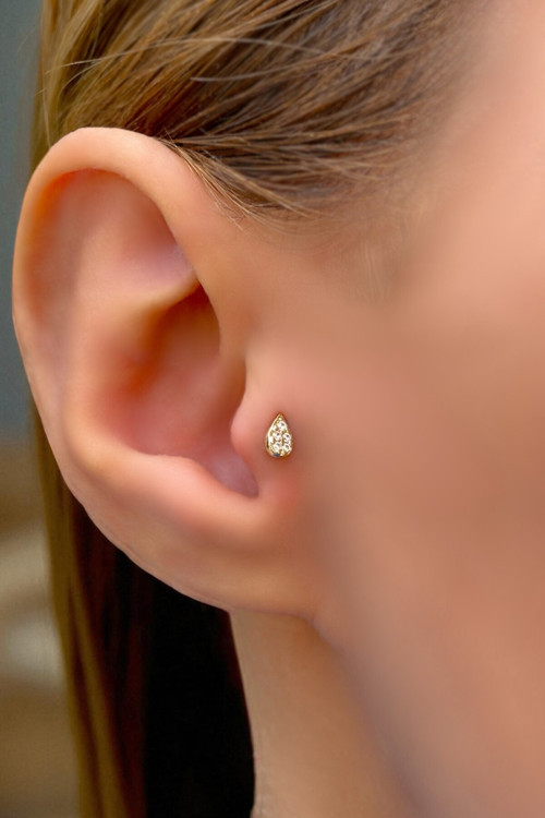 Taşlı Damla Tragus Altın Küpe