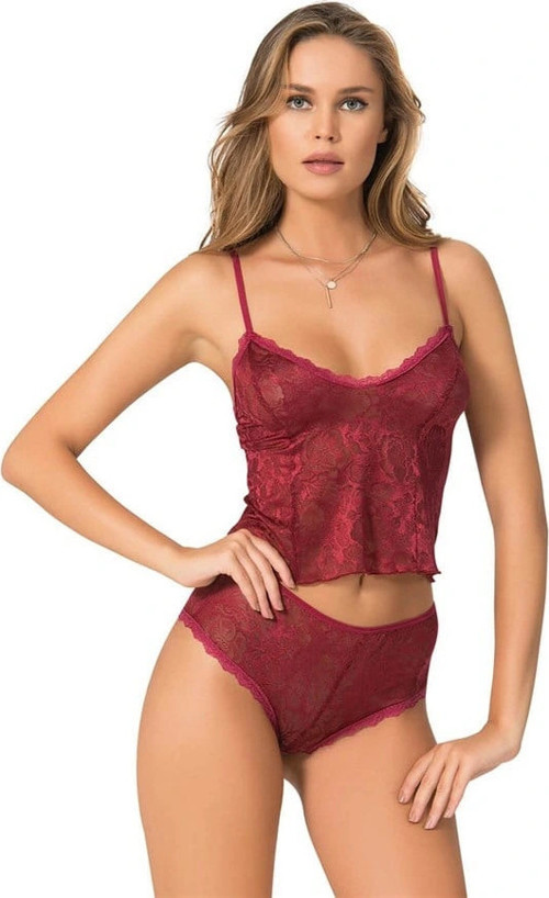 Bordo Jakarlı Babydoll Şort Takımı