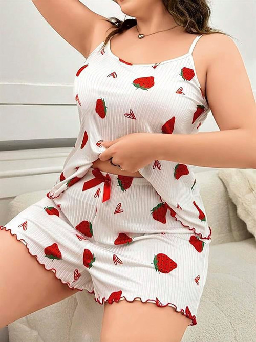 Büyük Beden Çilek Desen Pamuklu Şortlu Pijama Takımı