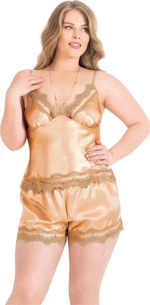 Büyük Beden Gold Saten Babydoll Şort Takımı