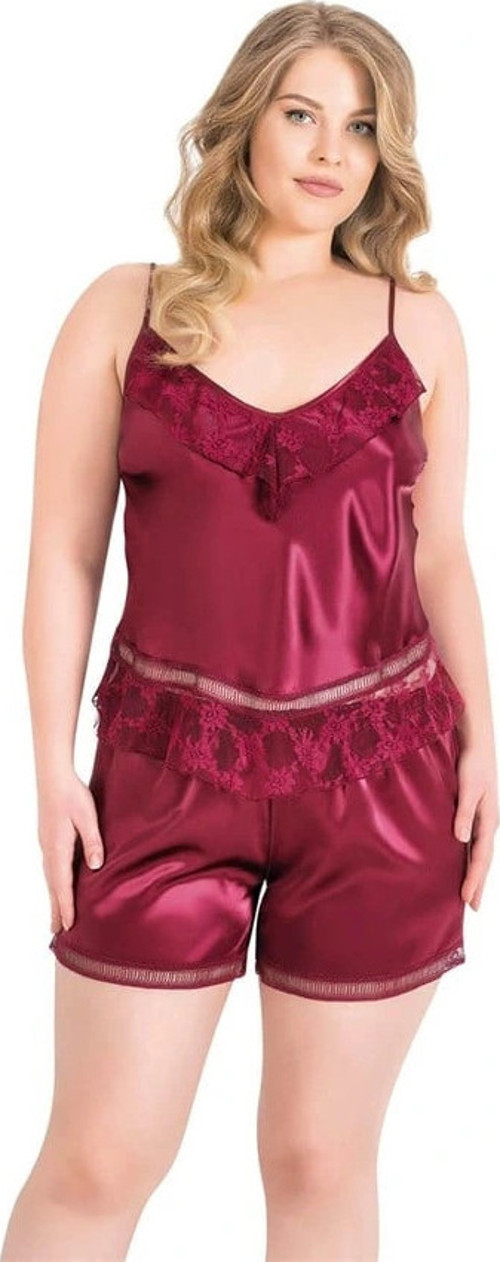Büyük Beden Bordo Saten Babydoll Şort Takımı