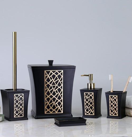 Mirage Siyah Altın 5 Parça Polyester Banyo Seti