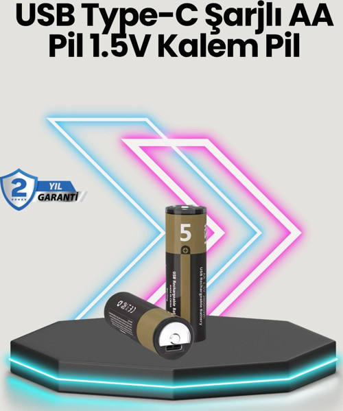 Yüksek Performanslı Aa Usb Şarjlı Lityum Pil | 1.5v Sabit Güç | 2’li Paket