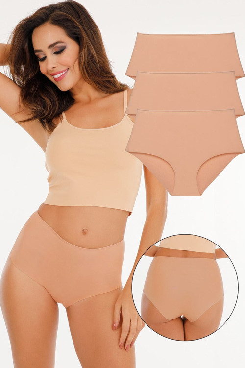 Kadın Yüksek Bel Dikişsiz Lazer Kesim Külot (Beli Lastikli) 3'Lü Set -Ten