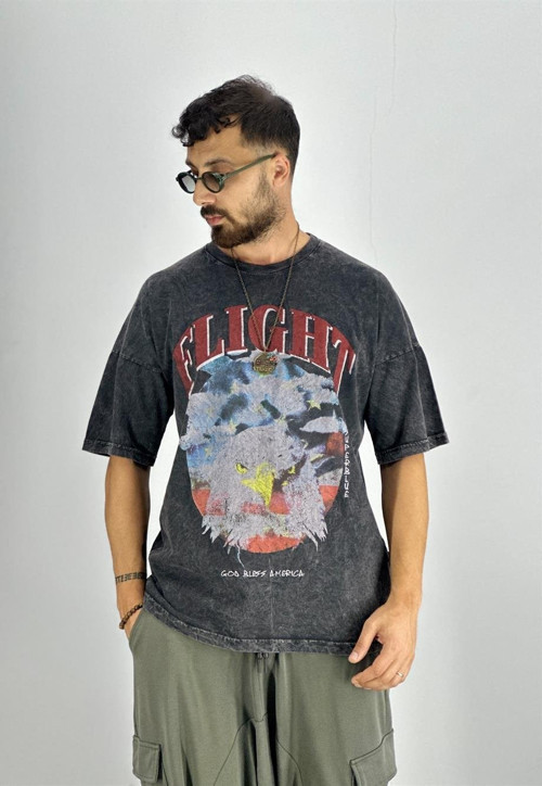 Erkek Yıkamalı Kumaş Baskılı T-Shirt COC2217