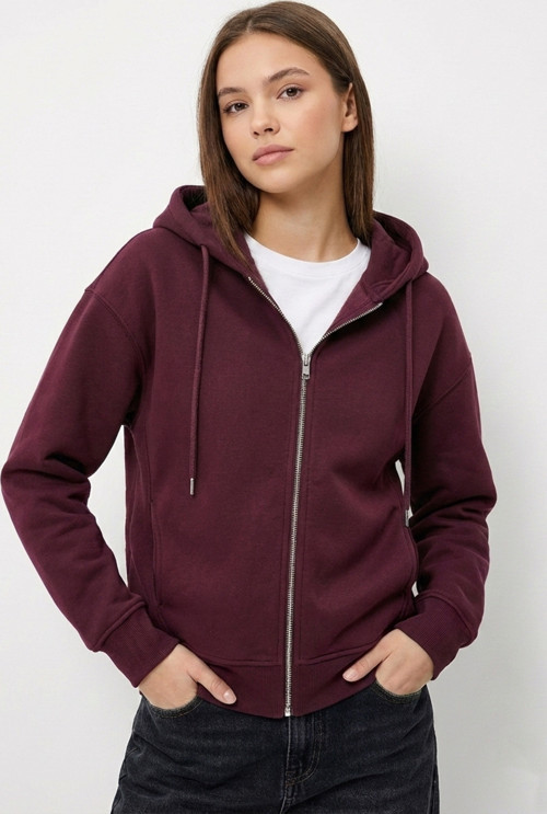 Kadın Bordo Fermuarlı Kapüşonlu Sweatshirt - Rahat Kesim Üç İplik