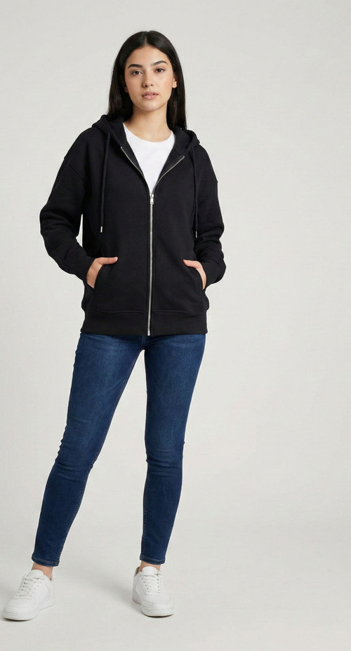Kadın Bordo Fermuarlı Kapüşonlu Sweatshirt - Rahat Kesim Üç İplik