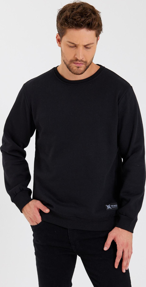 Siyah Bisiklet Yaka Etiket Detaylı İçi Pamuklu Erkek Sweatshirt